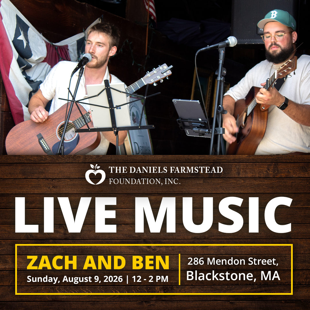Live music by Zach and Ben at the Daniels Farmstead on August 9, 2026.
